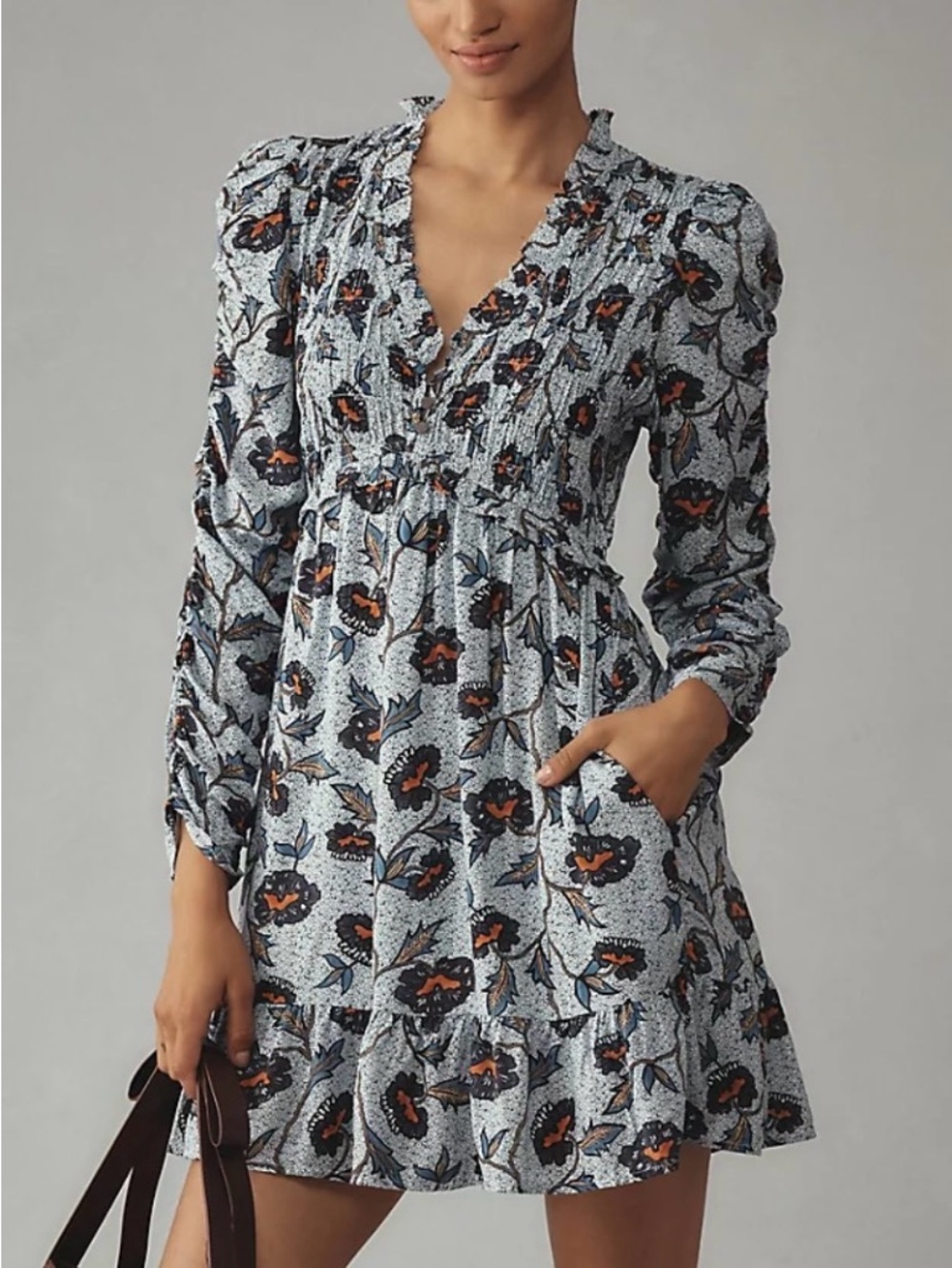 NWT Anthropologie Long-sleeve V-neck ruffle Mini Dress in XS